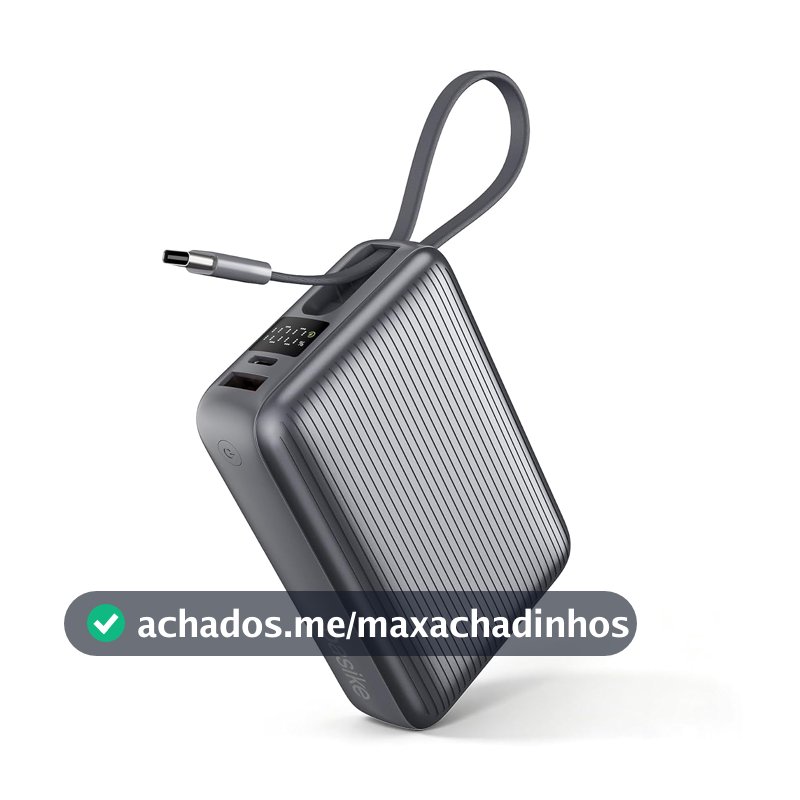 Basike Power Bank 20000mAh 45W, Cabo USB-C Integrado, Compacto, Cinza