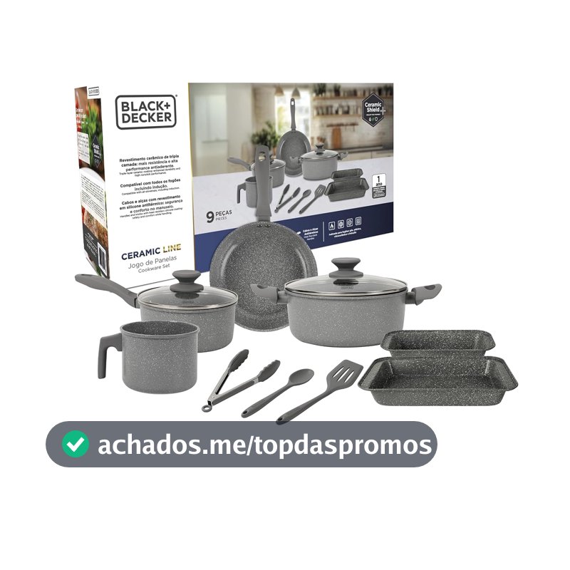 BLACK+DECKER JOGO DE PANELAS 9 PEÇAS CERAMIC LINE - CORPO COM REVESTIMENTO CERÂMICO ANTIADERENTE COM ACABAMENTO MARMORIZADO GREY MARBLE, BASE COMPATÍVEL COM INDUÇÃO