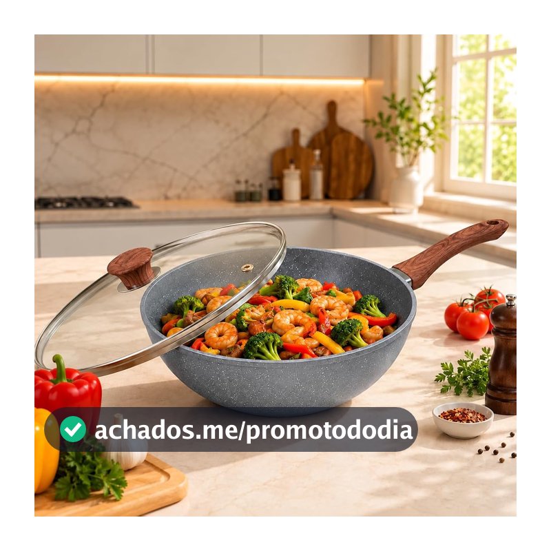 Frigideira Grande Wok Cerâmica Granito Antiaderente 28 cm Com Tampa de Vidro Para Indução e Gás