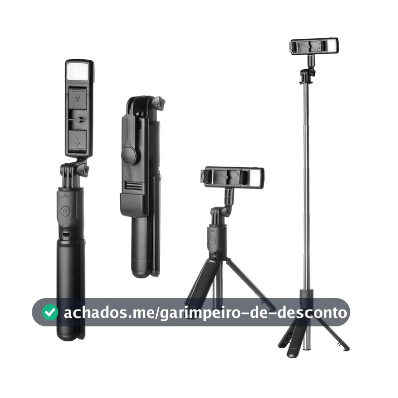 Bastão Pau de Selfie e Tripé de Mesa com Luz de Led para Celular Ajustável 360º Controle Bluetooth Destacável Suporte para Telefone Tripe de Viagem, Gravação de Vídeo Vlog, Vlogging, Cameras de Ação