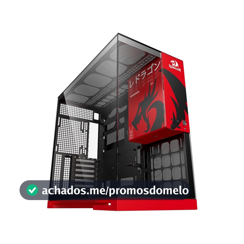 Gabinete Gamer Geometric Future Model 5 Redragon Spec Preto e Vermelho ATX Sem Fans Plataforma para Action Figures Painéis Vidro Temperado Duplo GEO-M5-RD