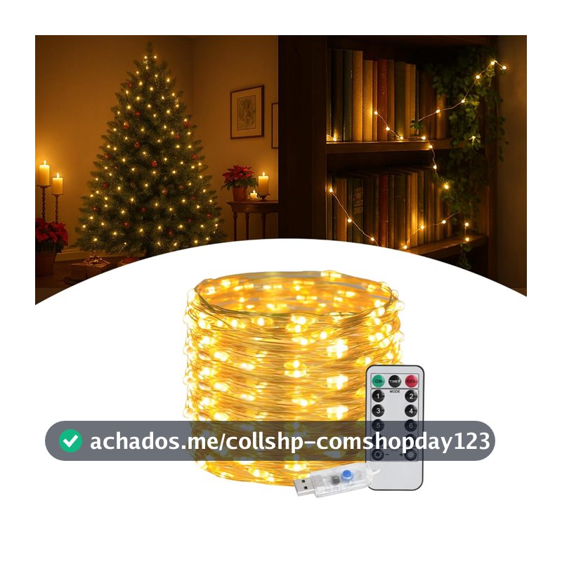 Luz Fio de Fada Cordão de Cobre Enfeite Natalino - 10 Metros 100 Leds 8 funções com Controle e USB - Decoração Natal (01)