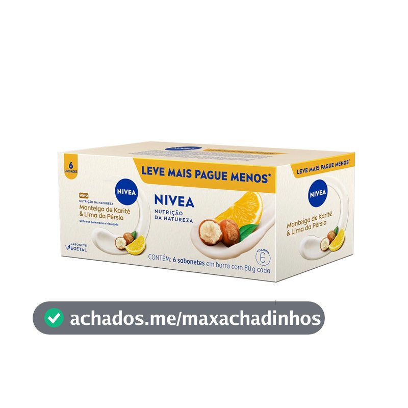 NIVEA Sabonete Vegetal Nutrição Da Natureza Manteiga De Karité & Lima Da Pérsia 80g (6 un.), Limpeza Delicada, Banho, Pele Macia e Hidratada, Fórmula Natural
