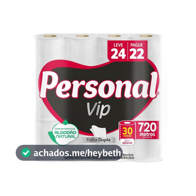Personal VIP - Papel Higiênico Folha Dupla, Branco 24 unidades (Embalagem pode variar)