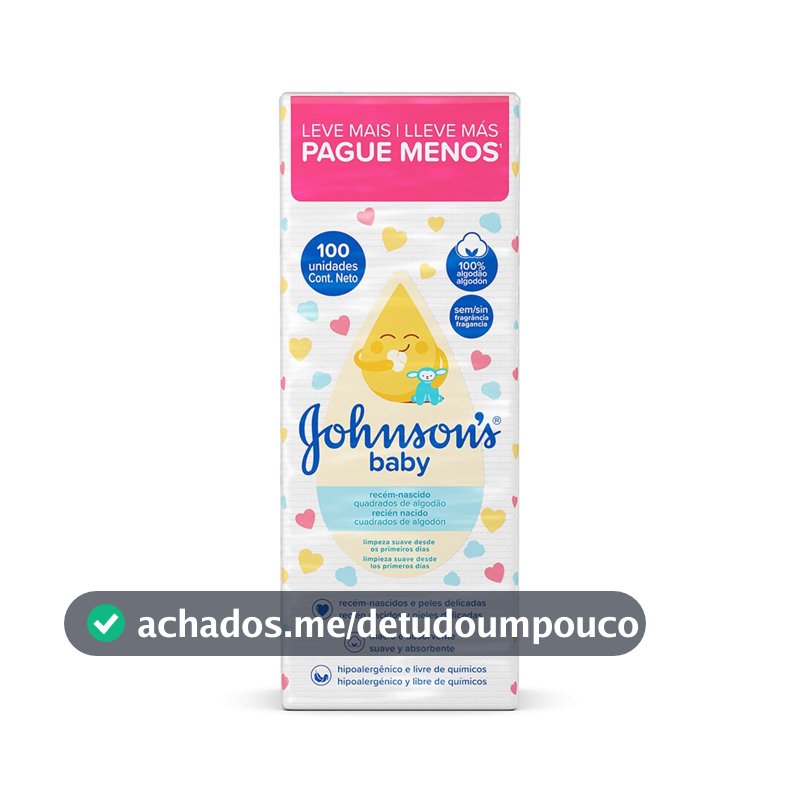 Quadrados de Algodão Johnson's Baby, Recém-Nascido, 100 Unidades