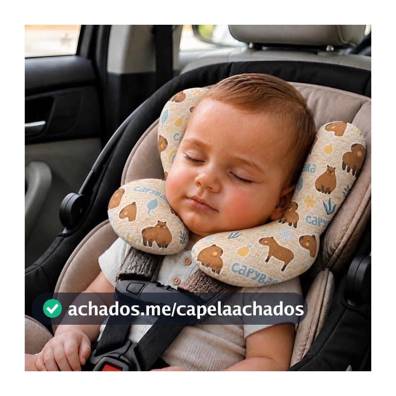 Almofada Pescoço Bebê Apoio De Cabeça Cervical, Protetor Bebê Conforto, Carrinho, Cadeirinha Segurança, Travesseiro Bebê Anatômico Antialérgico 100% Algodão Macio Premium (Capivara Amarela)