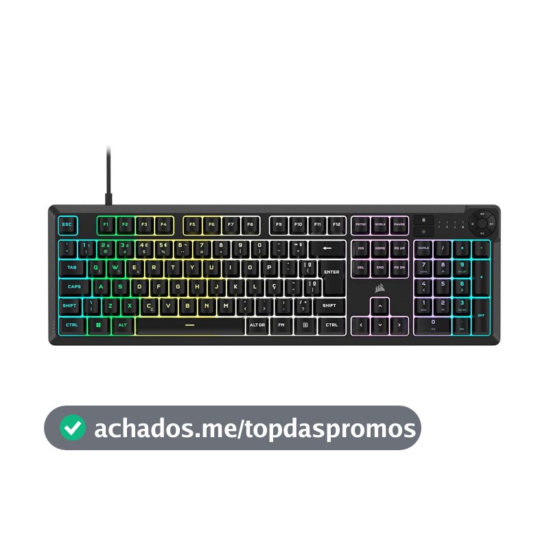 Teclado gamer CORSAIR CORE K55 RGB - RGB de dez zonas - Quatro teclas de mídia dedicadas - Switches responsivos e silenciosos - Resistente a respingos de 300ml - CORSAIR iCUE - Layout ABNT2
