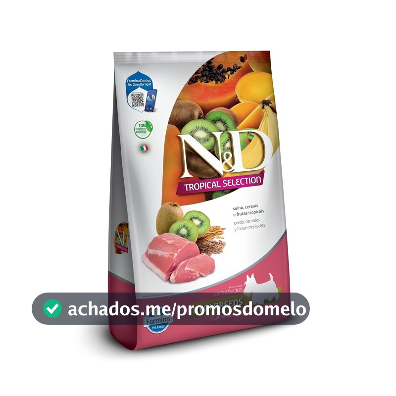 Ração Seca N&D Tropical Selection Suíno, Cereais e Frutas Tropicais para Cães Adultos de Raças Pequenas Leve 2,5 kg Pague 2 kg