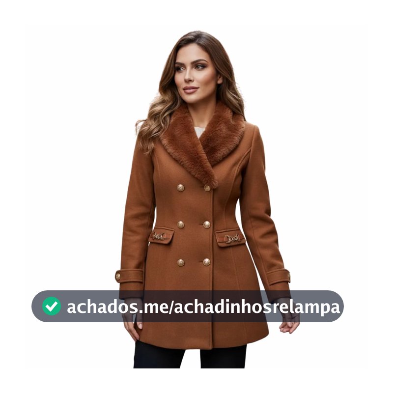 Sobretudo Feminino Luxo Gola Peluciada Removível Detalhes Corrente Térmico