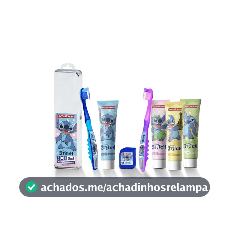 Kit Infantil Dentalclean Stitch Gel 50g com Flúor + Escova Macia + Fio 20m + Estojo