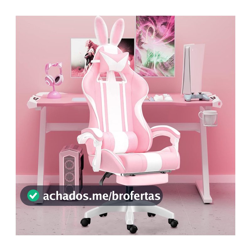 Cadeira gamer fofa com orelhas de coelho, com apoio de pés e apoio de cabeça (Rosa)