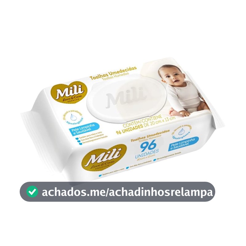 Mili Toalhas Umedecidas Love & Care Premium, Para Bebê, Com Aloe Vera e Calêndula, Dermatologicamente Testadas, 96 Unidades