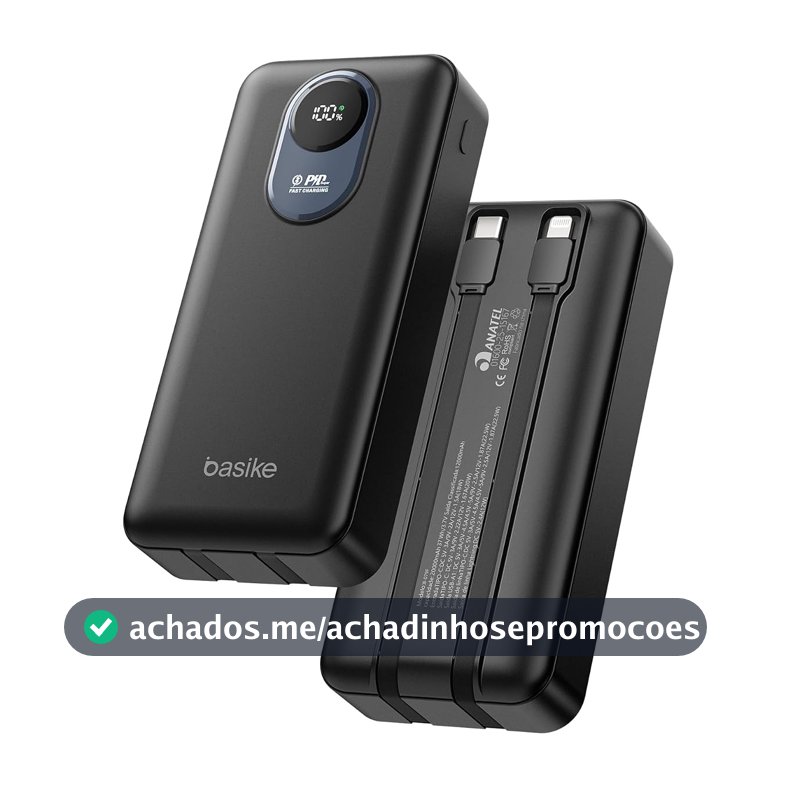 Basike Power Bank 20000mAh, Carregador Portátil, 2 Cabos Integrados (Preto)