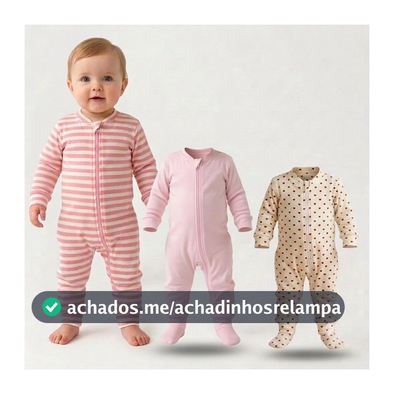 Kit 3x Macacões Bebê Meninas Ziper Vira Pé Suedine Listras (RN)