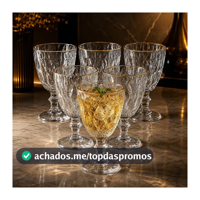 Jogo com 6 Taças de Vidro 330ml com Borda Dourada Design Diamante