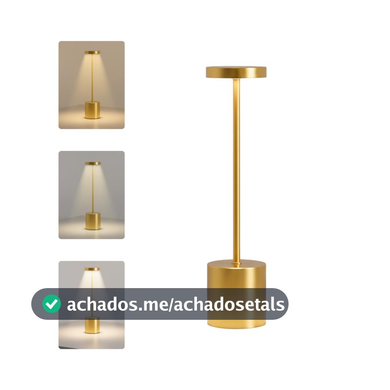 Luminária de Mesa LED Touch Recarregável Sem Fio com 3 Cores de Luz e Controle de Intensidade (Dourada)