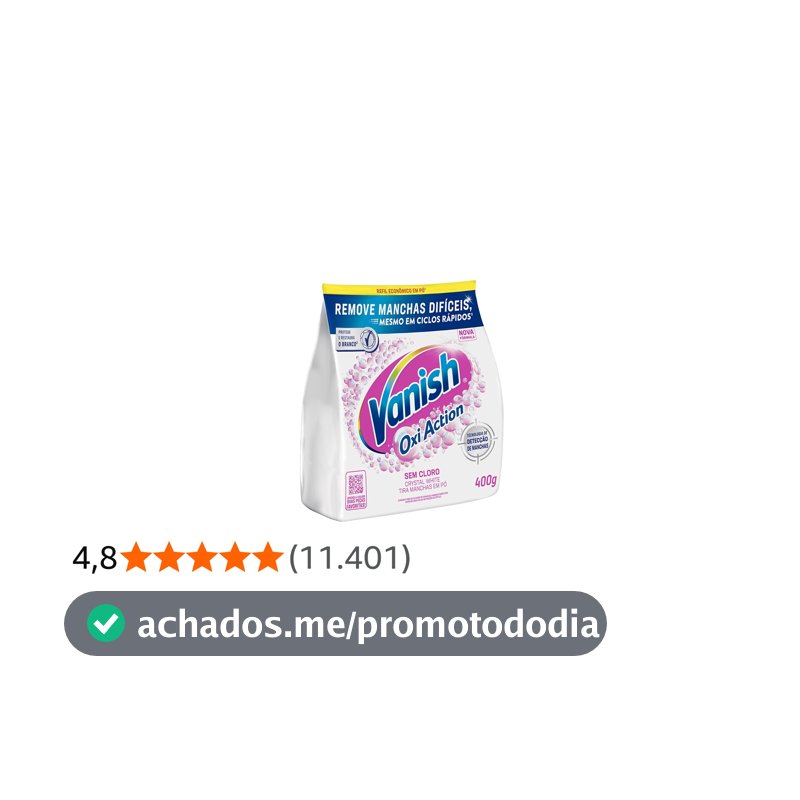 Tira Manchas em Pó Vanish Oxi Action Crystal White Refil 400g para Roupas Brancas, Sem Cloro, com Percarbonato, Remove Manchas Difíceis e Deixa o Branco Até 5 Tons Mais Branco