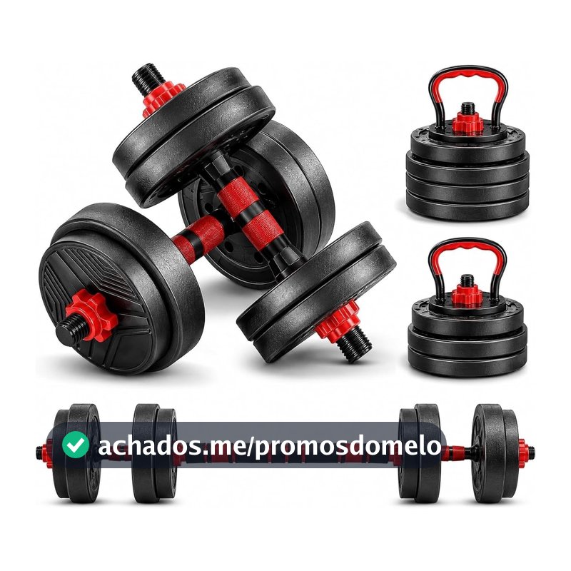 Kit Halteres Ajustável 6 em 1 15kg com Barra, Kettlebell e Suporte Flexões