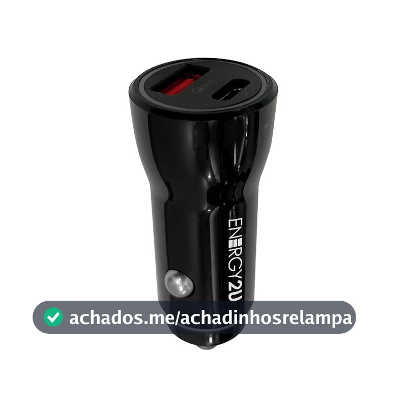 Carregador Veicular Ultra Rápido 18W com uma saída USB-C Power Delivery e 1 Saída Quick Charge 3.0, ENERGY2U, Preto