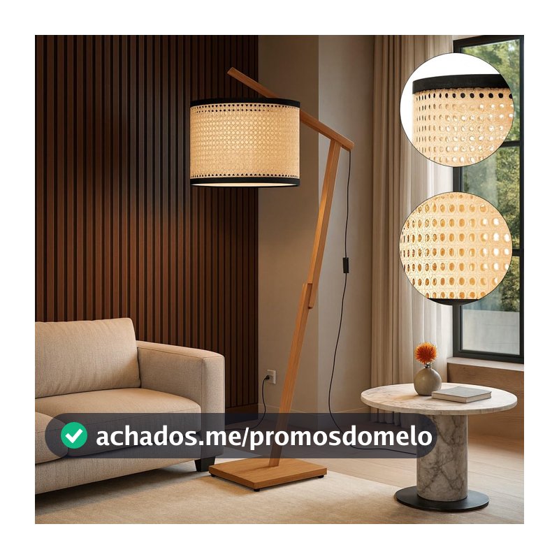 D+MOB Luminária Aurora De Chão Em Madeira Com Cúpula Palha Moderno