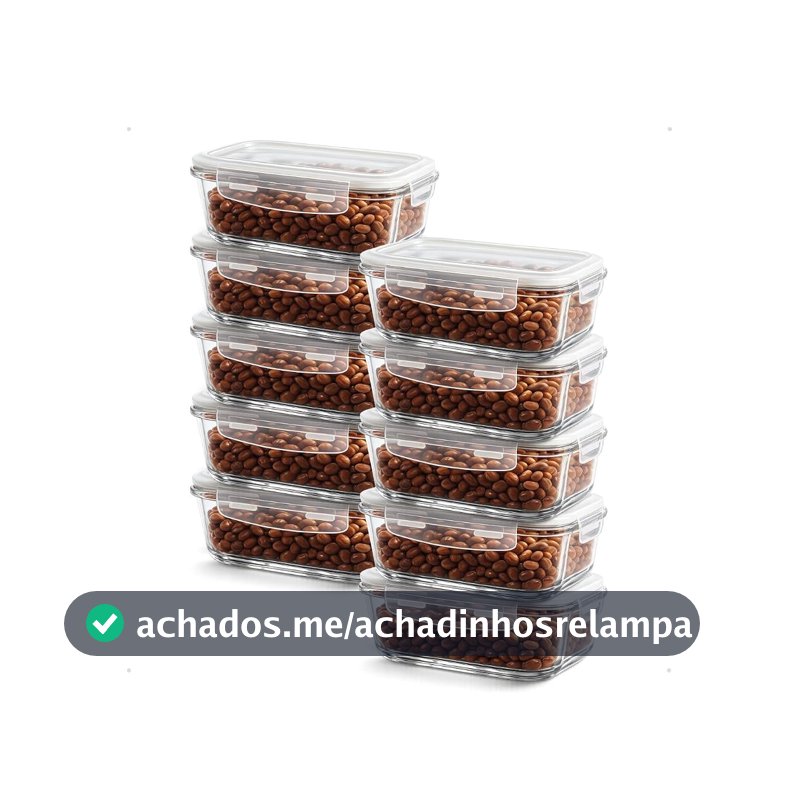 Kit 10 Potes Herméticos de Vidro 640ml, Refratário para Forno, Formato Retangular, Livre de BPA, Ideal para Marmitas e Conservação de Alimentos