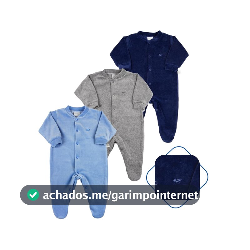 Kit 3 Macacões Bebê Menino em Plush com Pezinho – Manga Longa – Azul, Mescla e Marinho