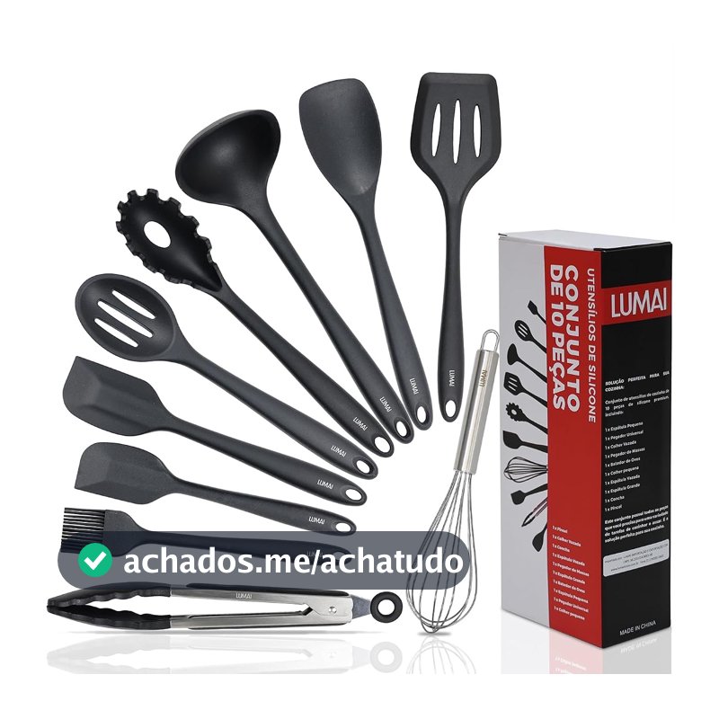 Kit 10 Utensílios de Cozinha LUMAI em Silicone e Aço Inox, Resistentes ao Calor, Antirriscos, com Espátula, Pegador, Concha e Colher, Preto