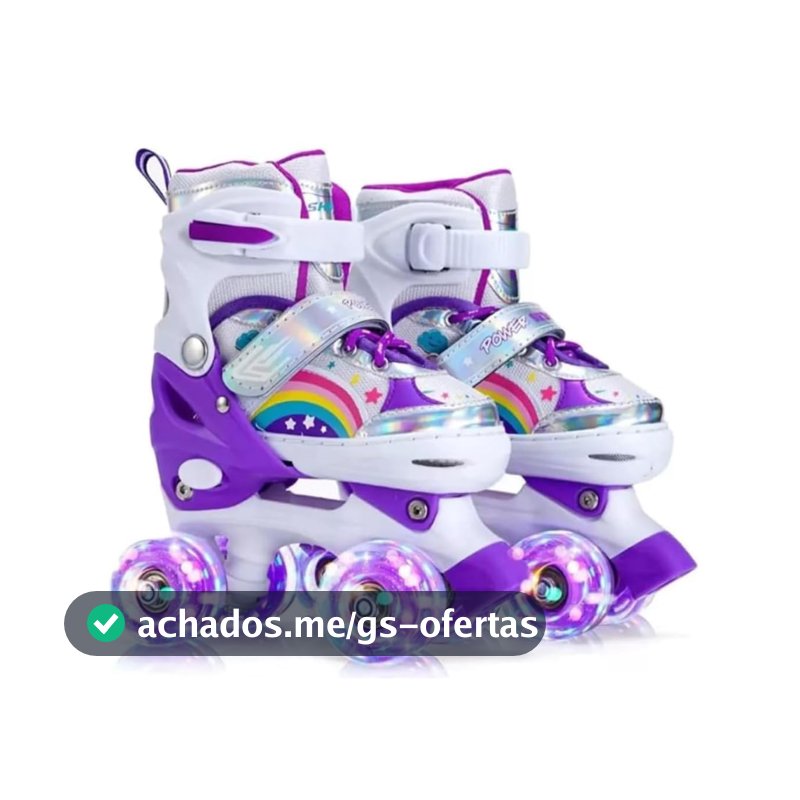 Patins Infantil 4 Rodas Com Luzes LED – Ajustável Com Estampa De Arco-Íris Bota Roxa Com Trava De Segurança e Conforto Ideal Para Crianças Em Início De Aprendizado 31 a 34