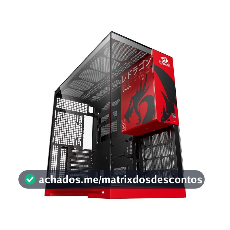 Gabinete Gamer Geometric Future Model 5 Redragon Spec Preto e Vermelho ATX Sem Fans Plataforma para Action Figures Painéis Vidro Temperado Duplo GEO-M5-RD