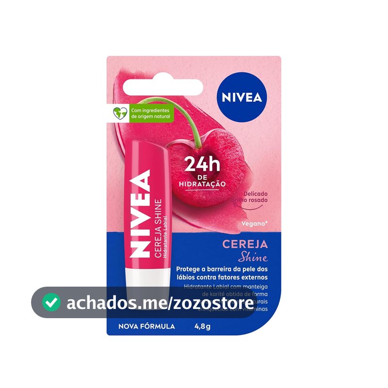 NIVEA Hidratante Labial Cereja Shine 4,8g, Hidratação Intensa 24h, Cor Suave, Brilho Delicado, Cuidado Diário, Manteiga de Karité