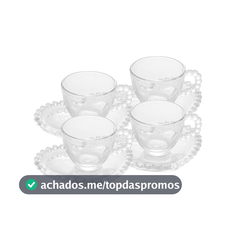 WOLFF - Conjunto 4 Xícaras de Café de Cristal com Pires Coração 85ml - Linha Pearl