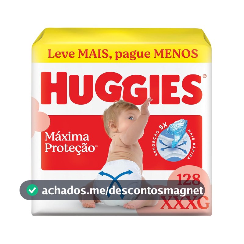 Fralda Descartável Huggies Máxima Proteção Tamanho XXXL 128 unidades – Fralda aberta com tecnologia Xtra-Flex, canais em X que se adaptam aos movimentos e máxima proteção sem fralda caída