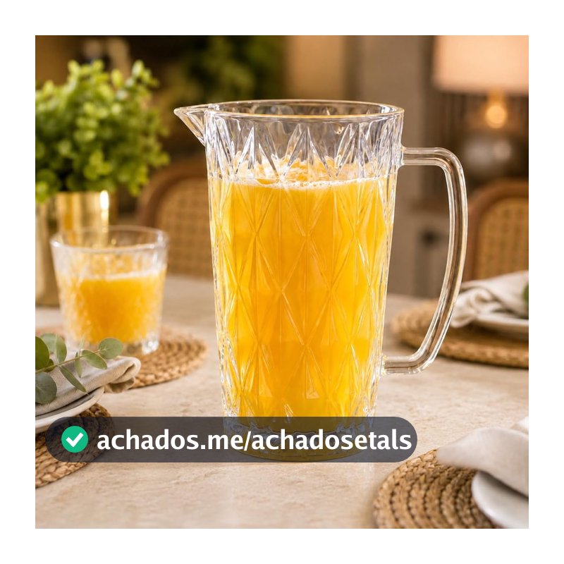 Jarra de Vidro Diamond 1,2L Transparente com Relevo Elegante, Alça e Bico para Servir Água, Suco, Refrigerante e Drinks, Jarra para Mesa Posta