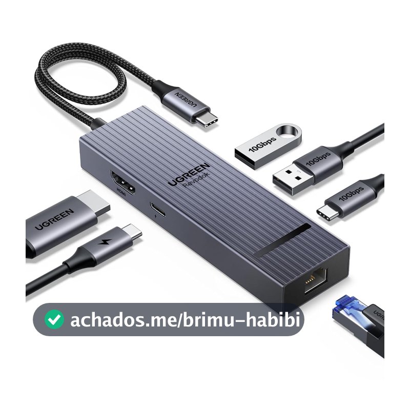 Hub USB C UGREEN Revodok Pro 6 em 1, Adaptador Ethernet Gigabit, HDMI 4K 60Hz, PD 100W, Portas USB 3.2, para Mac, iPad, iPhone
