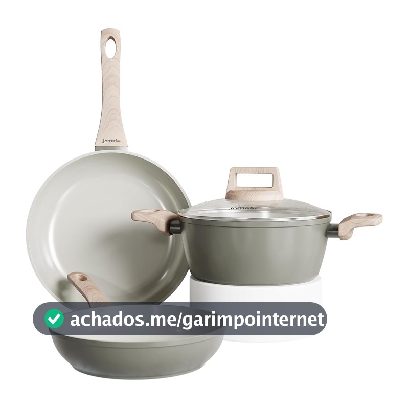 Conjunto de Panelas JADE OLIVE 5 Peças - Frigideiras 20cm e 24cm + Caçarolas 16cm e 20cm + Leiteira 16cm - Alumínio Antiaderente - Indução