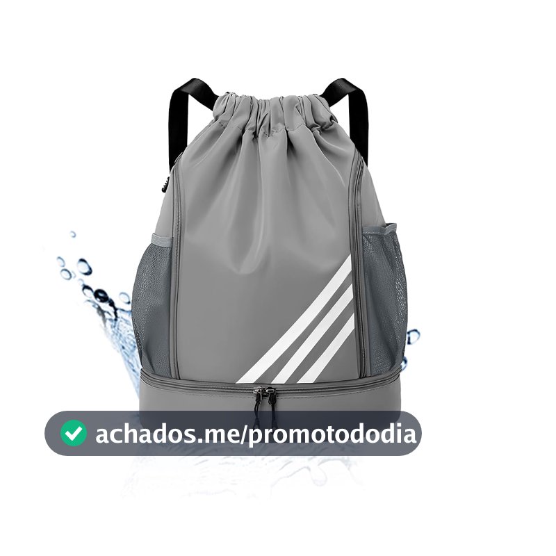 Mochila Esportiva com Cordão, Separação seca e húmida, Mochila de grande capacidade para viagens de lazer, Bolsos Laterais em Malha, Preto com Listras