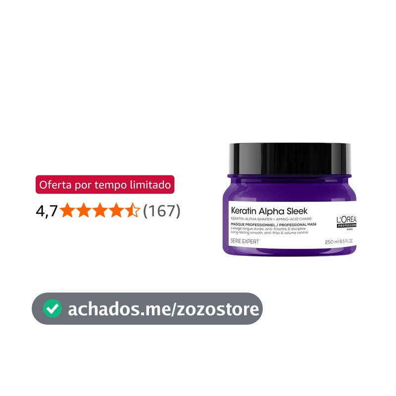 L'Oréal Professionnel Keratin Alpha Sleek Máscara capilar profissional l Nutre, remodela a alfa-queratina do cabelo l Fios alinhados, controle de frizz e volume l Maciez, hidratação e brilho l 250g