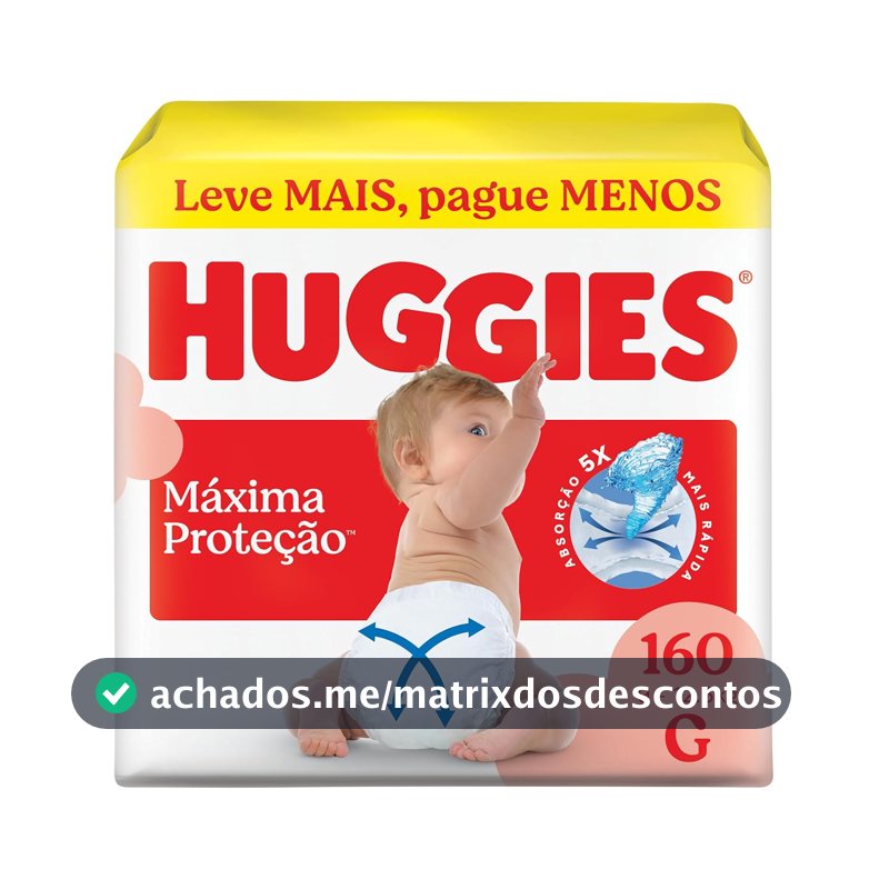 Fralda Descartável Huggies Máxima Proteção, Tamanho G, 160 Unidades