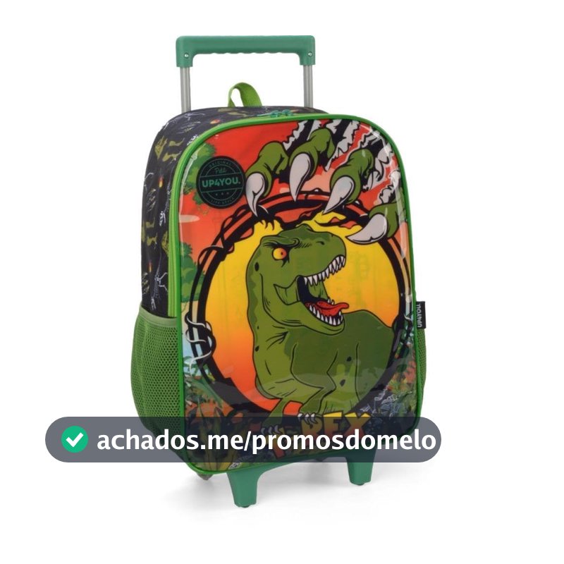 Mochila Escolar, Infantil, com Rodinha, Up4you, Dinossauro, Grande, Preta Luxcel