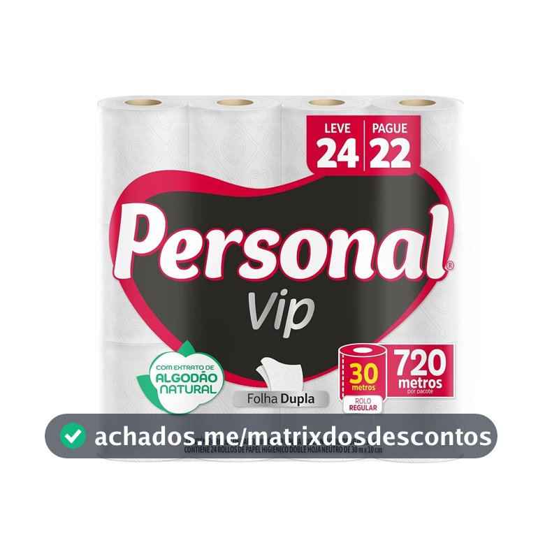 Personal VIP - Papel Higiênico Folha Dupla, Branco 24 unidades (Embalagem pode variar)