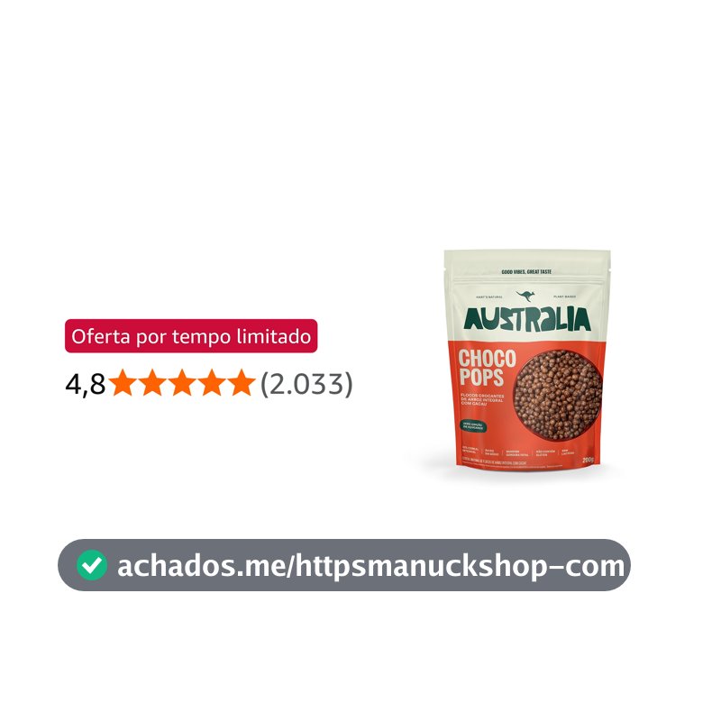 ChocoPops Australia Chocolate, Sem Açúcar, Sem Glúten, Vegano, 200g