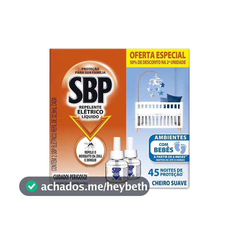Repelente Elétrico Líquido SBP 45 Noites Cheiro Suave com 2 unidades de 32.9ml