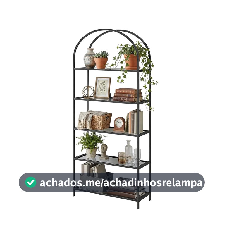 VASAGLE Estante para Livros, Design Arqueado, 5 Níveis, Vidro Temperado e Aço, Cinza Chumbo e Preto Fosco