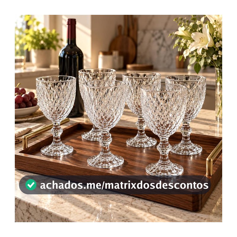 Jogo de 6 Taças de Vidro Diamond Transparente, 340ml, Design Canelado Elegante, 15cm de Altura, para Água, Suco e Drinks Premium