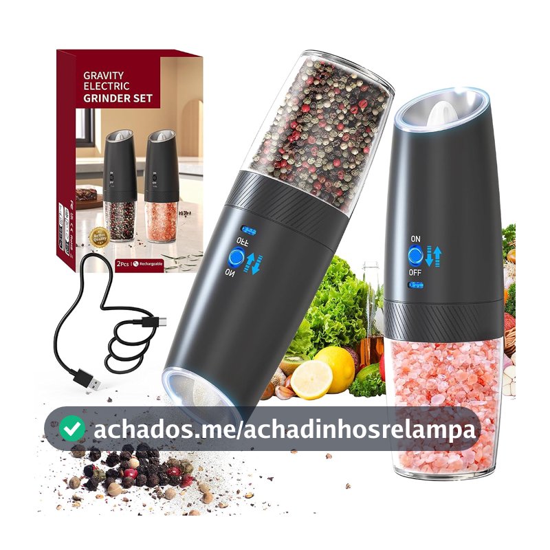 Kit 2 Moedor de Pimenta e Sal Elétrico Automático, Sensor por Inclinação, Operação com Uma Mão, Luz LED, Carregamento por Tipo-C, Ajuste de Moagem, 135ml, Preto, para Cozinha e Churrasco