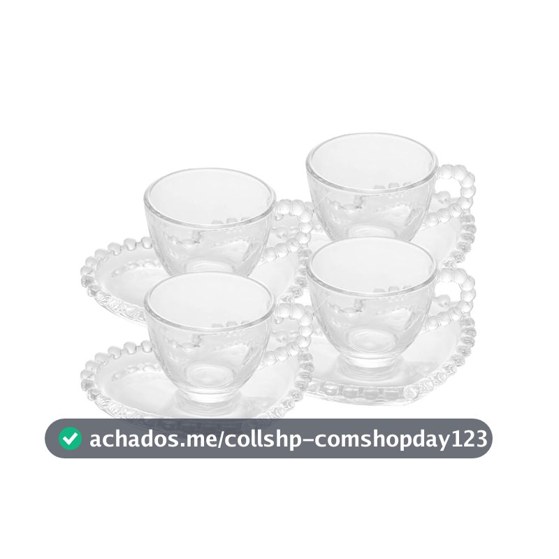 WOLFF - Conjunto 4 Xícaras de Café de Cristal com Pires Coração 85ml - Linha Pearl