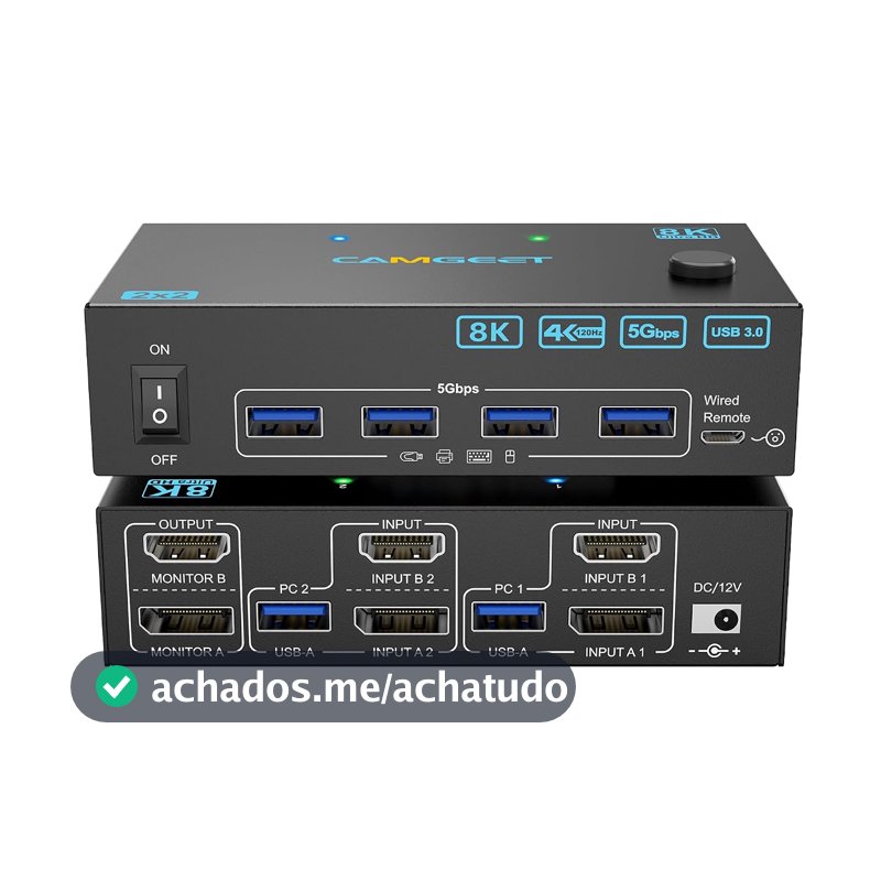 Interruptor KVM 4K @ 144Hz 2 monitores 2 computadores 8K a 60Hz, camgeet HDMI Displayport Dual Monitor KVM Switch 2 computadores compartilham 2 monitores e 4 periféricos USB, adaptador remoto com fio