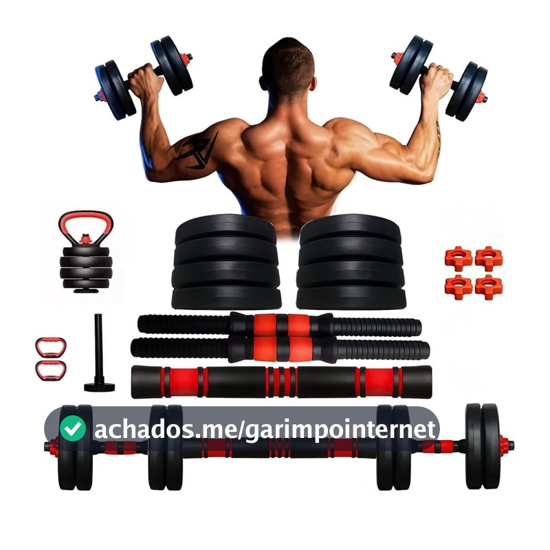Kit Halteres Ajustáveis 15kg 6 em 1 com Barras, Anilhas e Kettlebell Multifuncional - Pesos para Musculação, Academia em Casa, Crossfit, Treino Funcional, Fitness, Pegada Antiderrapante
