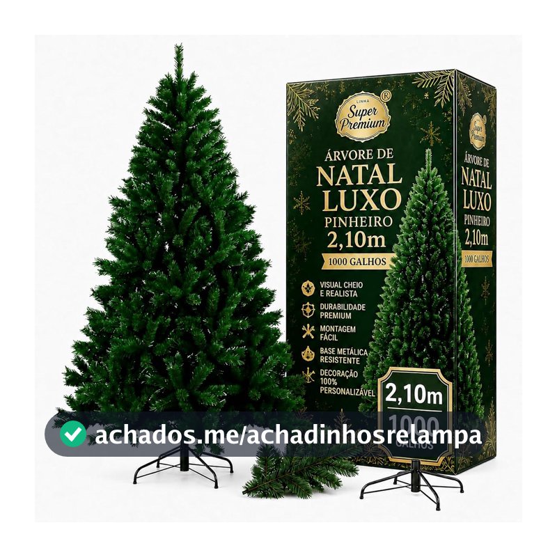 Árvore de Natal Tradicional Artificial Base Metálica, 2,10 m, 1000 Galhos