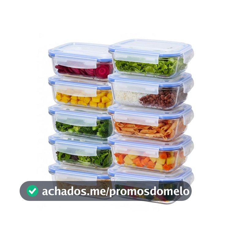 Kit 10 Potes Herméticos de Vidro 640 ml Retangular 4 Travas Marmita Livre de Vazamentos,BPA Free, Empilhável, Organizador, Freezer e Micro-ondas